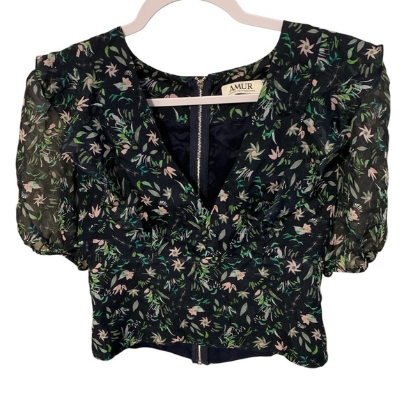 AMUR Black and Green Floral Puff Sleeve Blouse - Picture 1 of 3